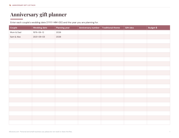 Preview of Printable Anniversary Gift Planner